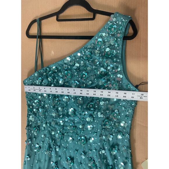 ADRIANNA PAPELL DRESS 14 GREEN SEQUIN 3D FLORAL LONG FORMAL ONE SHOULDER BLING - Picture 14 of 16